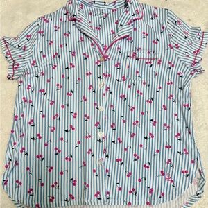 Cuddl Duds Blue & White Striped Cherry Pajama Top L NWOT Soft Cotton Spring Lux